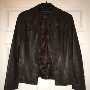Jones New York Brown Leather Fringed Jacket w/Braided Trim - Sz Small- EUC 😍